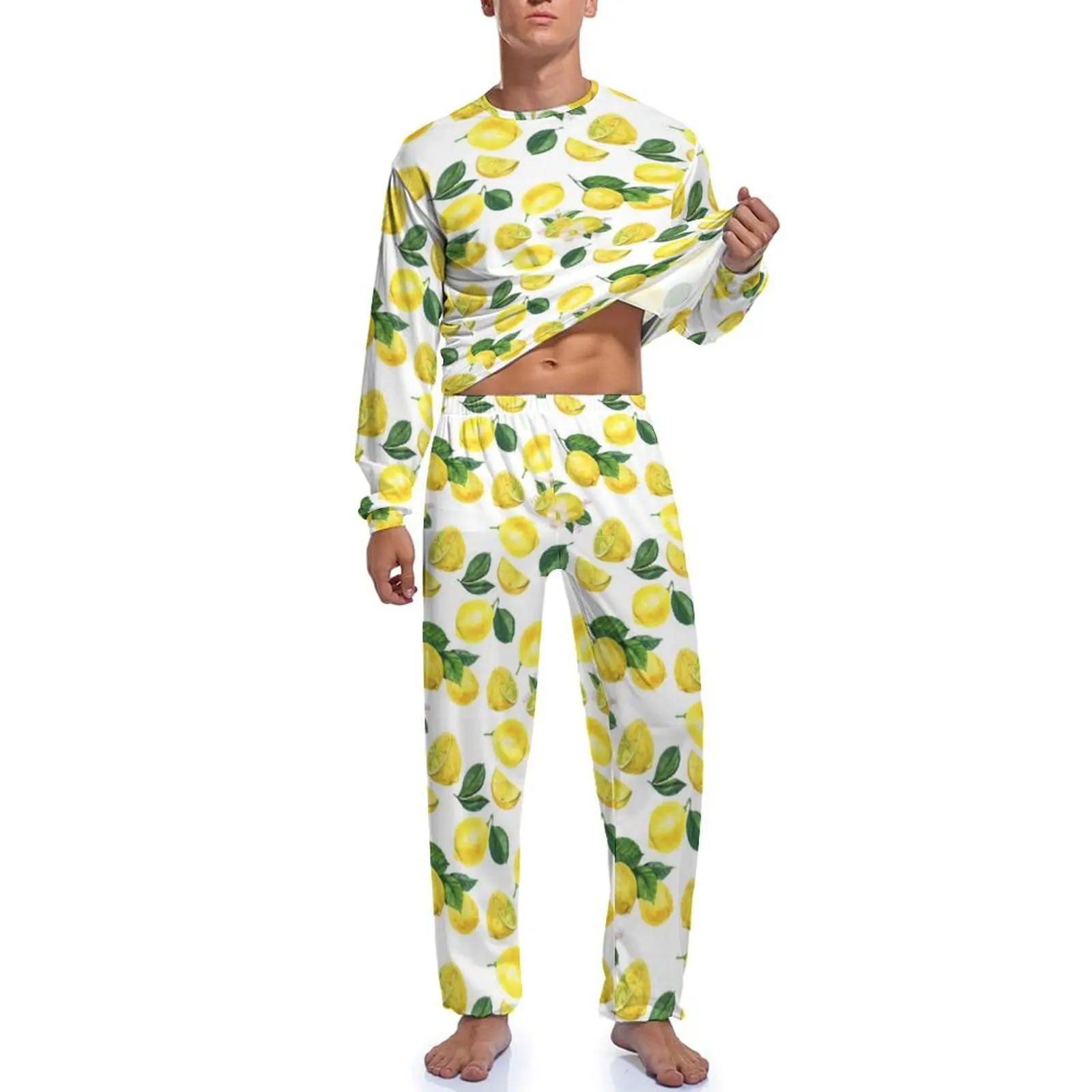 Conjunto de pijamas de limão amarelo, manga comprida, padrão de fruta aquarela, lazer, design diário, adorável, homem, 2 pcs