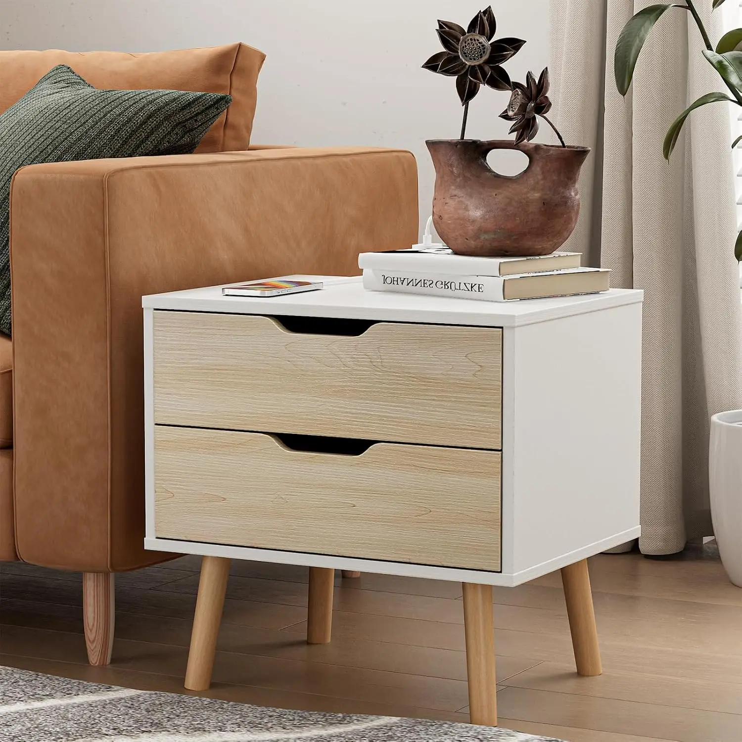 

White Nightstand with 2 Drawer Dresser for Bedroom, Small Oak End Table, Side Table