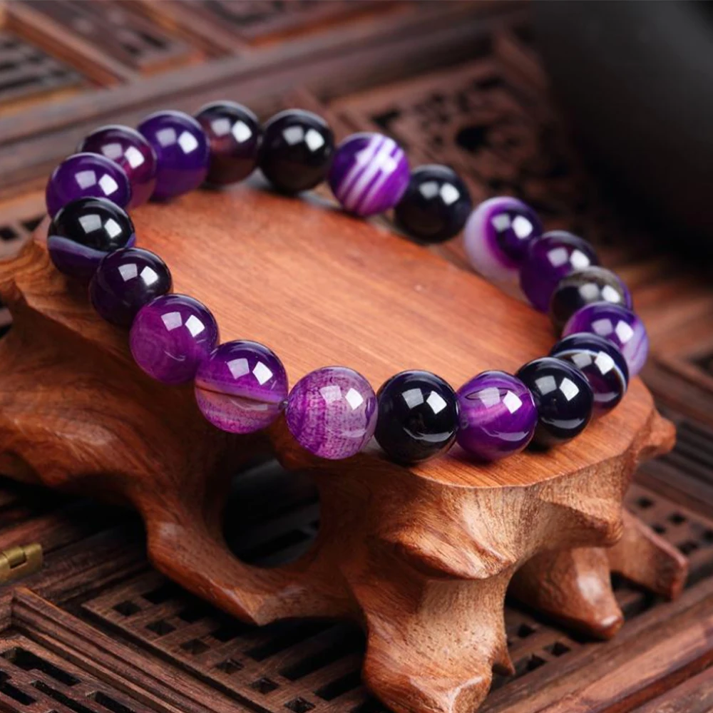 Purple Striped Agate Beaded Elastic Cord Bracelet Energy Healing Bangle Gifts for Men and Women Wholesale Drop Shipping Jewelry