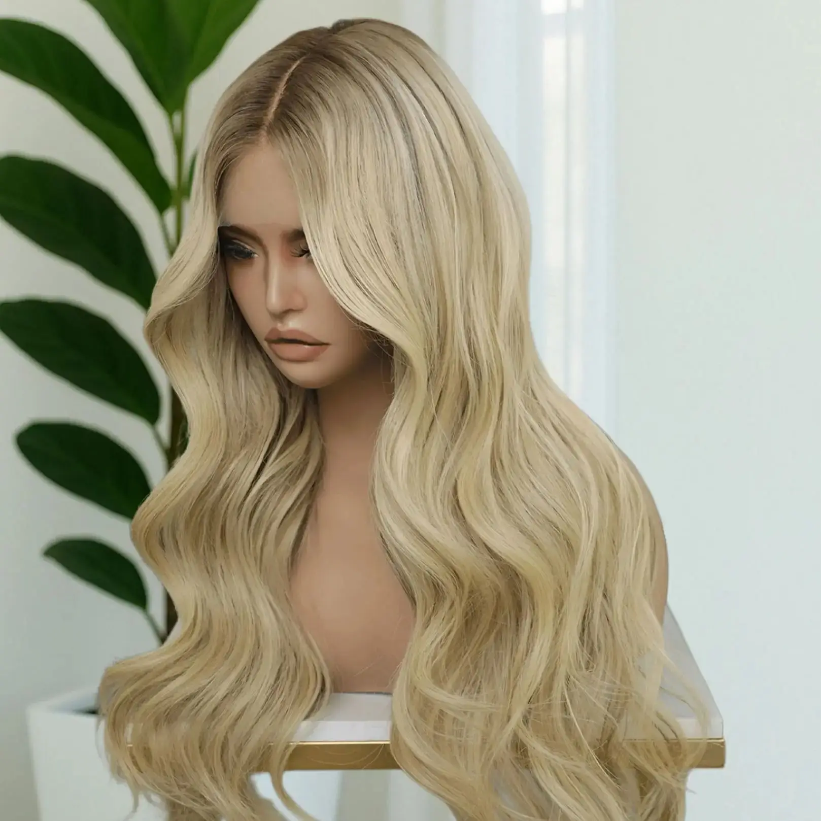26 Inch Soft Long Body Wave Wig 13x4 Middle Part Ombre Ash Blonde Synthetic HD Lace Front Wig 180% Density Daily Party Wigs