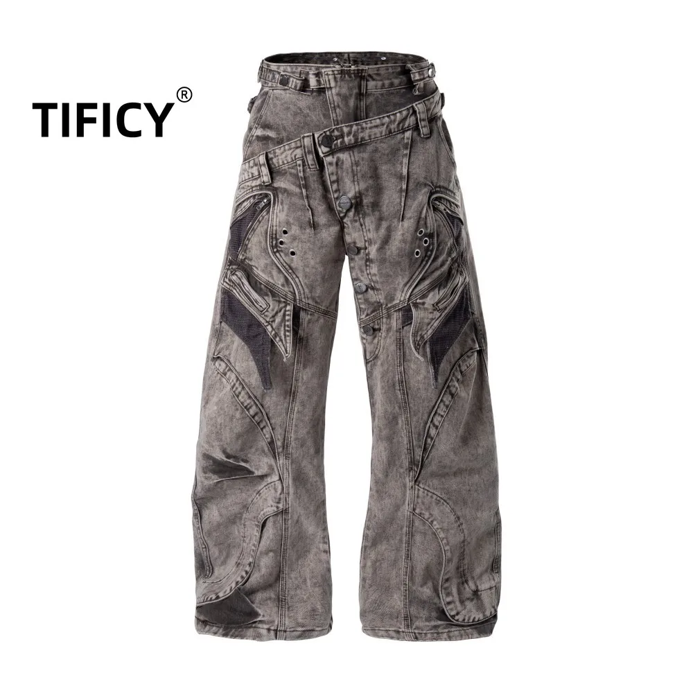 

Heavy Industry Used Washed Wide Leg Jeans pant men's Asymmetric Waist Mesh Splicing Punk Functional Style High Street Pants