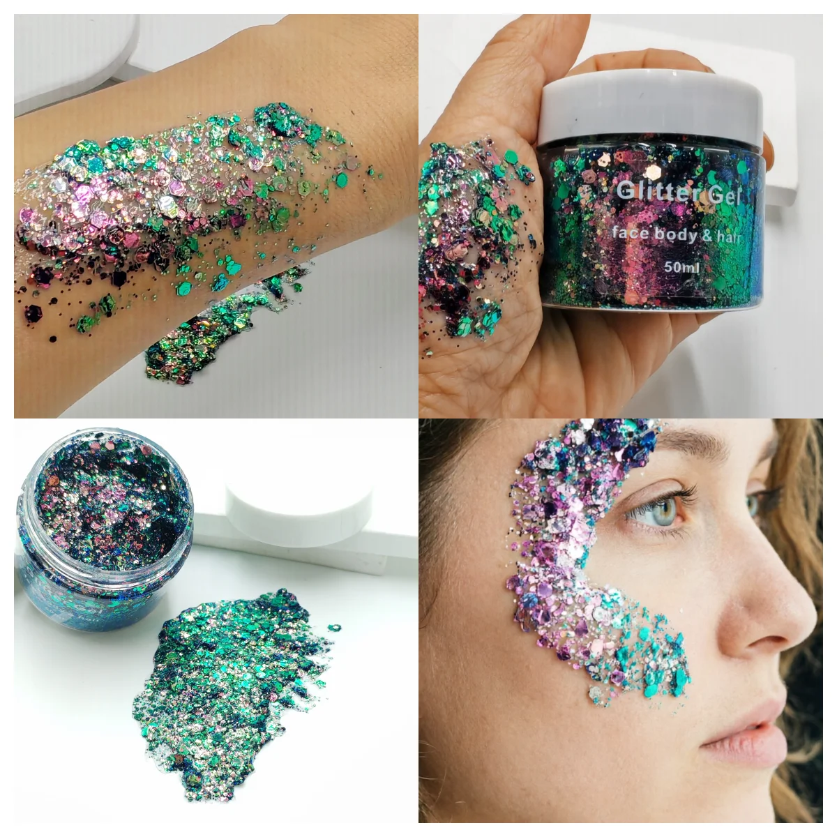 50ml Chameleon Color Shift Body Glitter Gel–Self Adhesive Sparkle Sequins Flakes for Face Rave Festival Cosplay Makeup+Brush