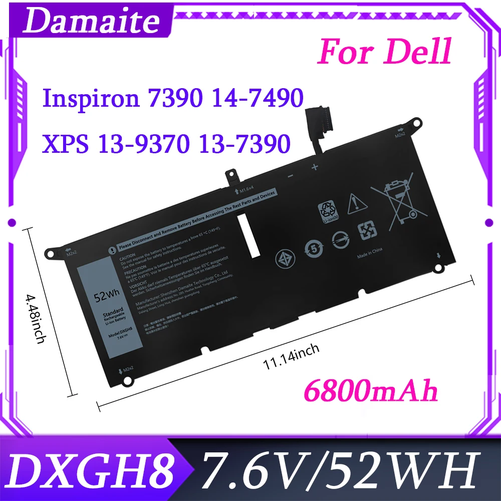 

DXGH8 52WH Laptop Battery For Dell XPS 13 9380 9370 7390 Inspiron 7390 7391 7000 2-in-1 7490 G8VCF H754V 0H754V P82G