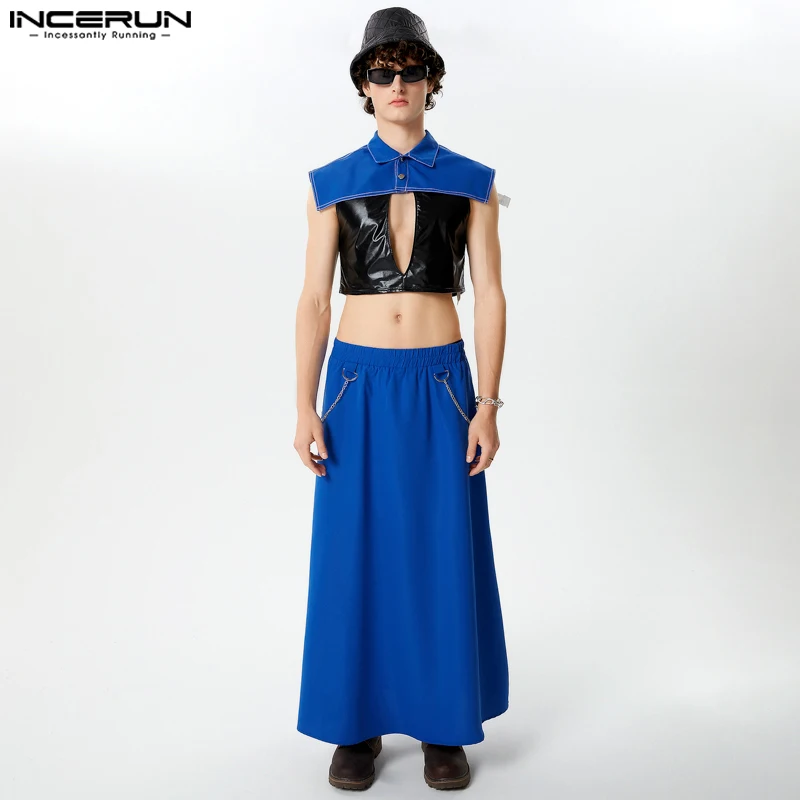 INCERUN 2024 American Style Men's Sets Fashion Contrast Lines Cropped Sleeveless Shirts Chain Skirts Pants Two-piece Sets S-5XL