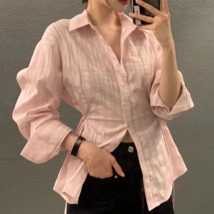 Slim Fit rayé longue Sve irt femmes Chic automne Design Sense cravate Ne boutonné minceur irt défaut trajet