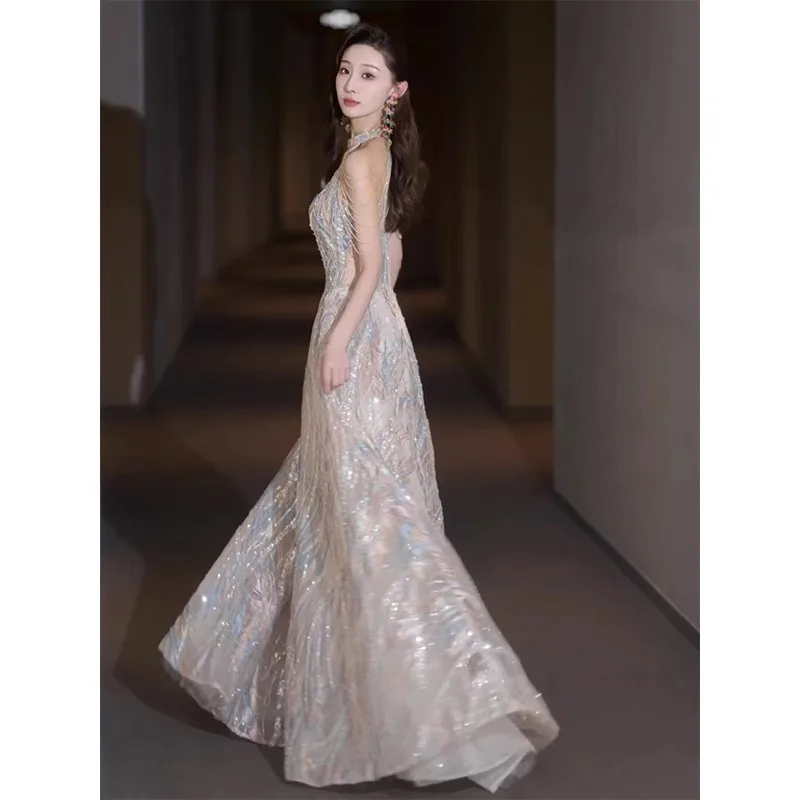 

Heavy Industry Evening Dress 2025 New Long Skirt Hanging Neck Sequins Sexy A-line Skirt Advanced Feeling Spring Party Dresses