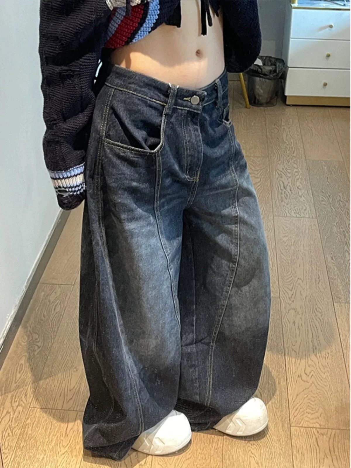 SuperAen American Retro Blue Washed Wide-leg Jeans 2025 Summer New Women's Loose High-waisted Fashion Full-length Pants