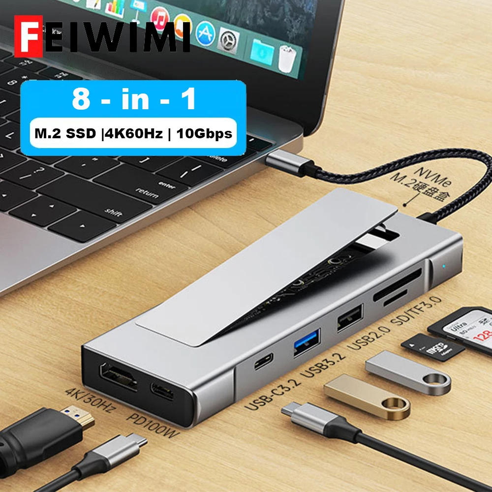 FEIWIMI M.2 SSD Hub 8 Ports USB C Docking Station Type C to HDMI 4K60Hz USB3.2 10Gbps PD100W Adapter For Laptop Macbook Pro