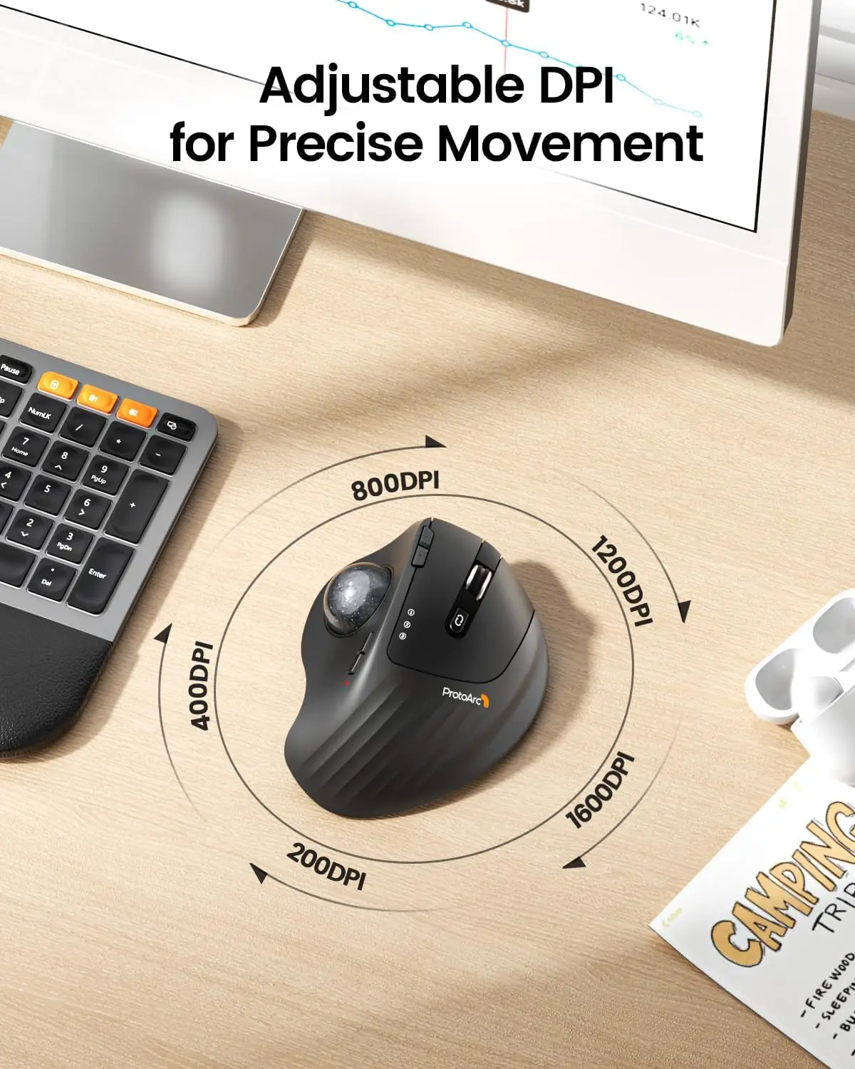 ProtoArc EM01 NL Trackball Mouse Wireless 2.4G Bluetooth Ergonomic Mouse Rechargeable Rollerball Mice for Laptop PC iPad Mac