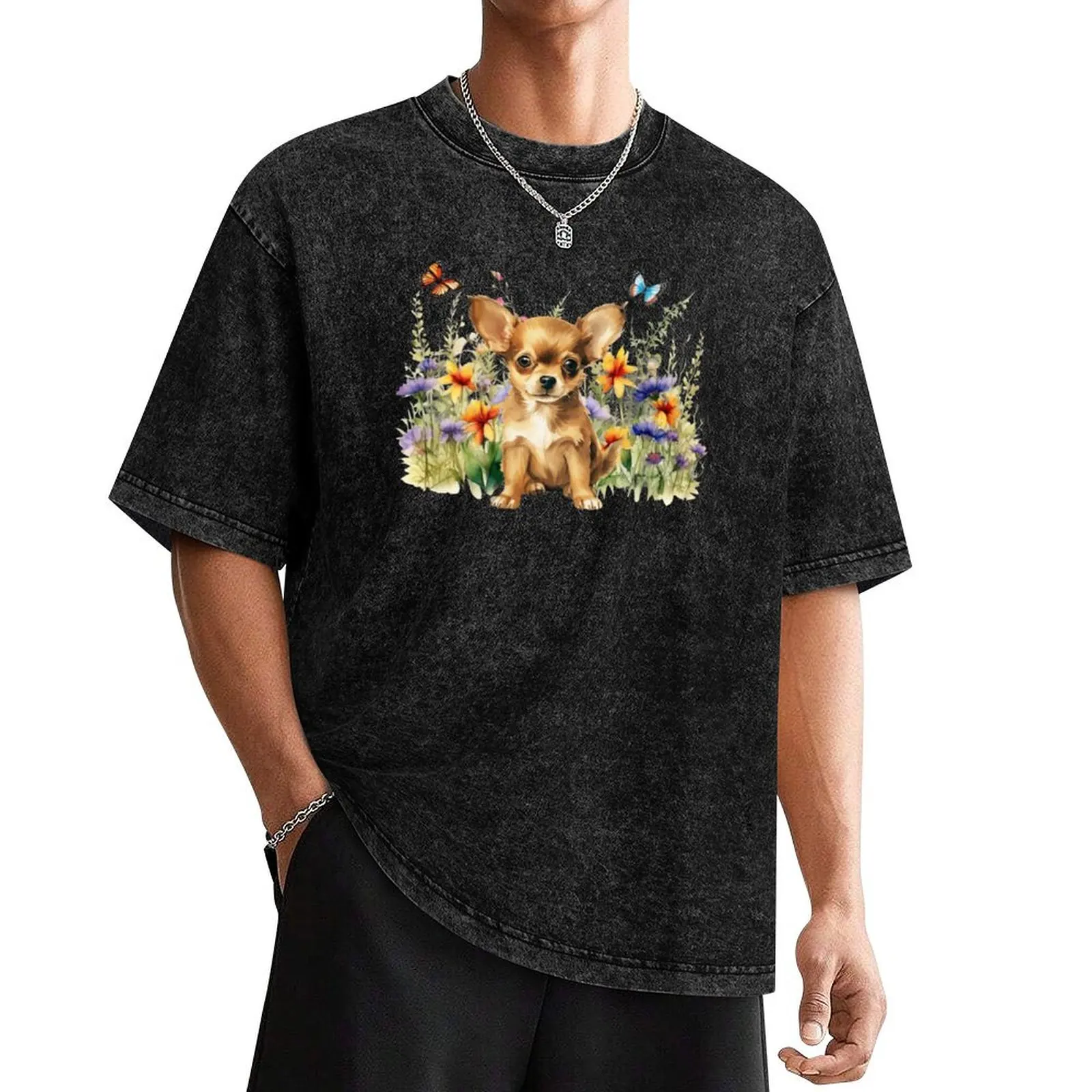 

Chihuahua Puppy With Spring Flowers T-Shirt boys whites Aesthetic clothing boys animal print funny t shirts men