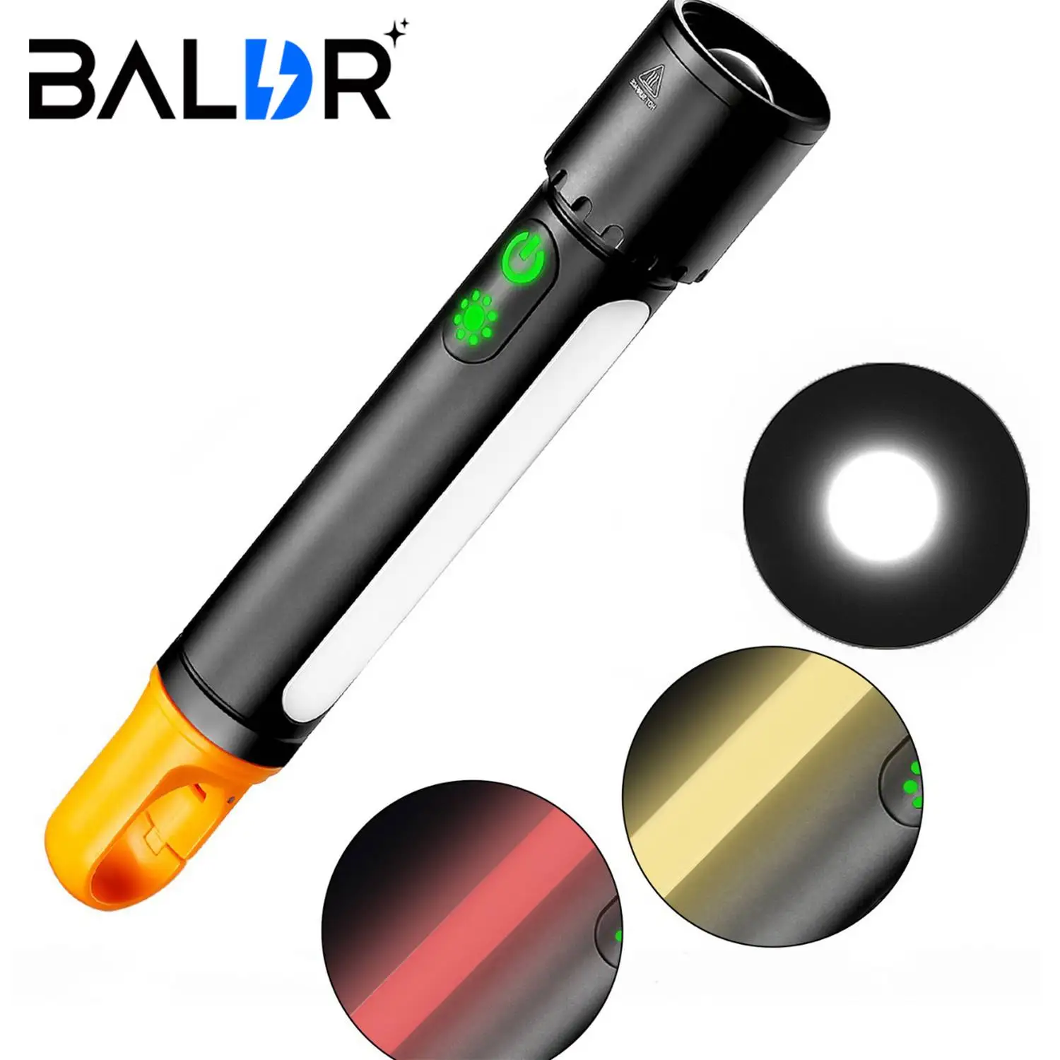 BALDR Zoom LED Flashlight, Tail with Hook, Rechargeable Tactical Band Side Light 9 Modes Waterproof Outdoor Camping Work Light