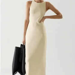 Korean Fashion Solid Knitted Dresses Women Elegant Slim Sleeveless Shoulder Strap Long Dress Vestidos Elegantes Para Mujer