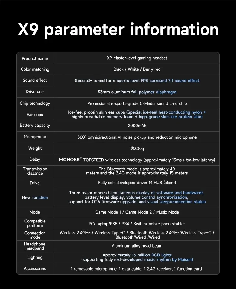 MCHOSE X9 juego inalámbrico 7,1 auriculares Bluetooth 2,4G tres modos 53mm papel de aluminio diafragma de polímero auriculares de regalo eSports
