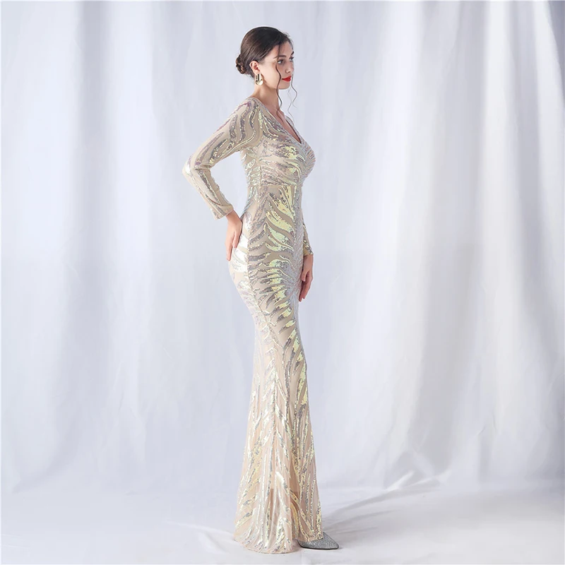 Eleganckie sukienki wieczorowe damskie z długim rękawem, dekoltem w serek, cekinami, odkrytymi plecami, seksowne, koktajlowe, na studniówkę, maxi, na imprezę.