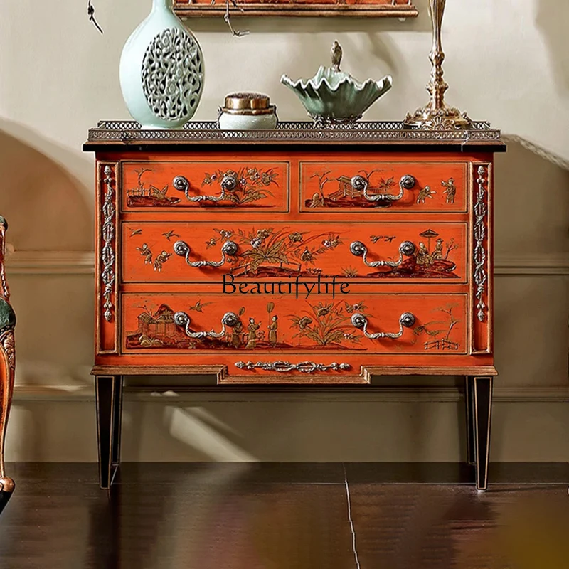 

French retro style solid wood painted chest cabinet living room home decoration storage cabinet