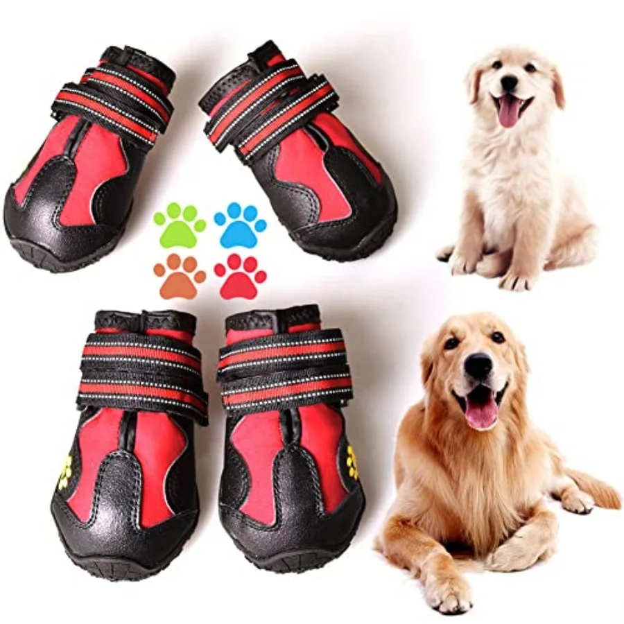 NonSlip Waterproof Dog Boots for Outdoor Use Rugged Sole Dog Shoes for Medium to Large Dogs 4Pcs Set in BlackRed Ideal for Hiki