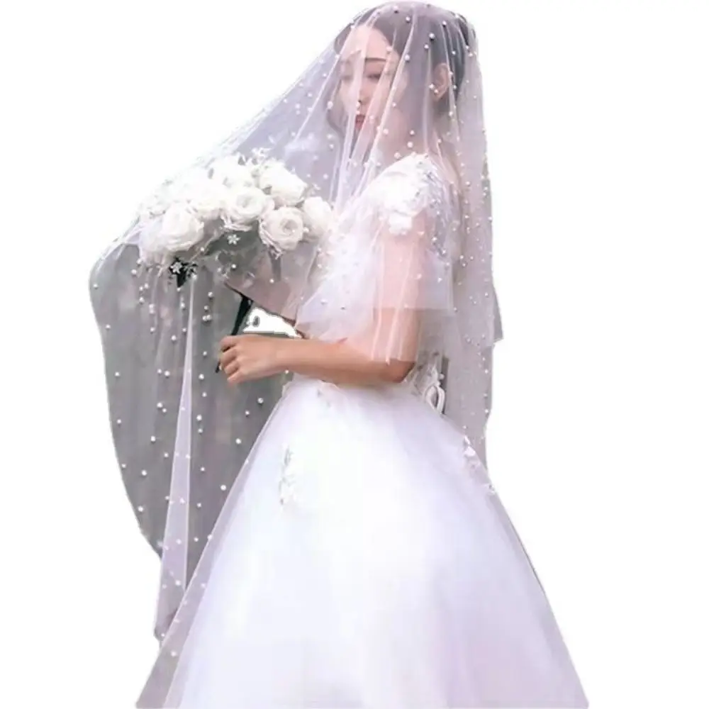 Aksesori Pengantin Kerudung Pengantin Putih Panjang Tradisional Kerudung Pernikahan Romantis Elegan Kerudung Jatuh Alat Peraga Foto