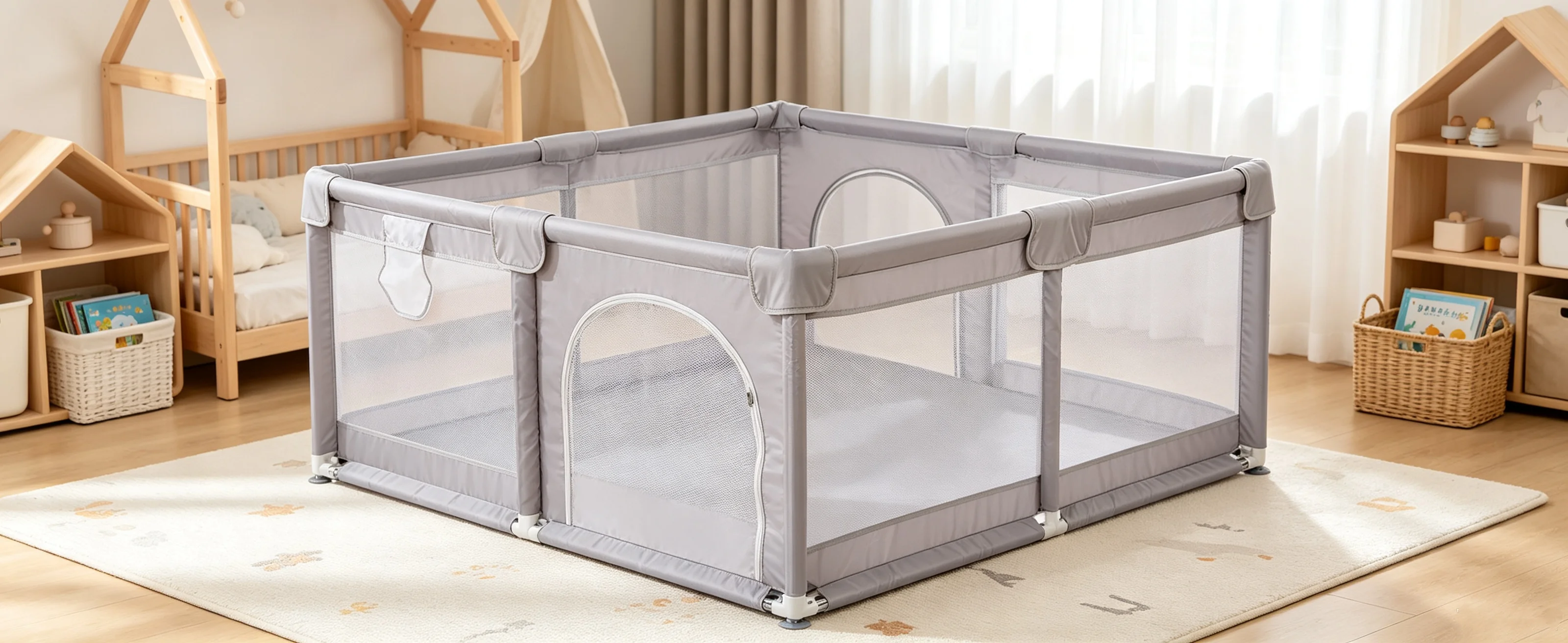 Baby-Laufstall, Kinder-Laufstall mit Matte, Kleiner Baby-Laufstall mit Barrieren, Oxford-Stoff Baby-Laufstall, Laufstall, Grau, 1,5 x 1,8 m – Detail 1