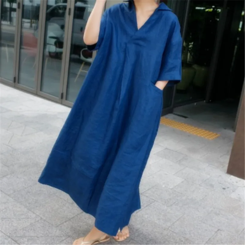 New 2023 Female Fashion Half Sleeves V Neck Solid Color Cotton Linen Elegance Splicing Regular Loose Dresses Office Lady