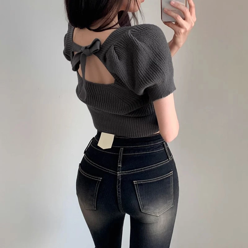 

Slimming ort Knitwear Women's Square Collar Ba Strap Design Summer New Sle Fitted Waisand Casual Comfortable Top