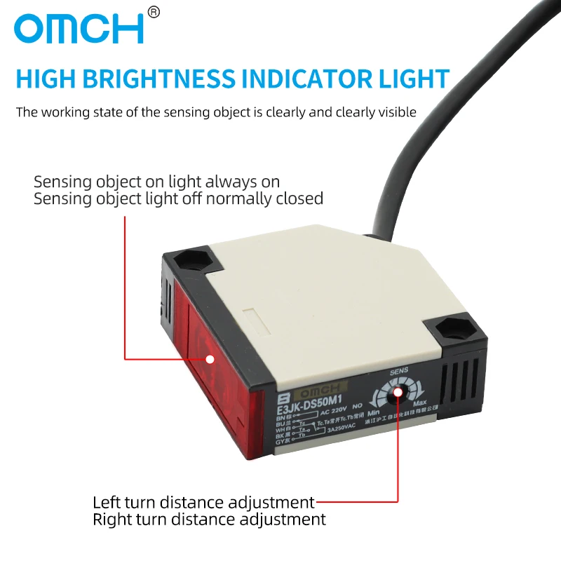 OMCH E3JK series Photoelectric Proximity Sensors Infrared Diffuse or Feedback Reflection AC DC Detection Distance 30/50CM 4M 5M