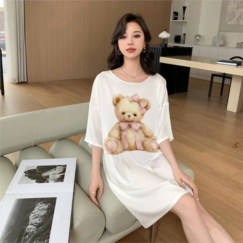 Nuovo stile pigiama da donna stile carino stampa digitale raso chiffon girocollo pullover camicia da notte mini abito pigiama camicia da notte