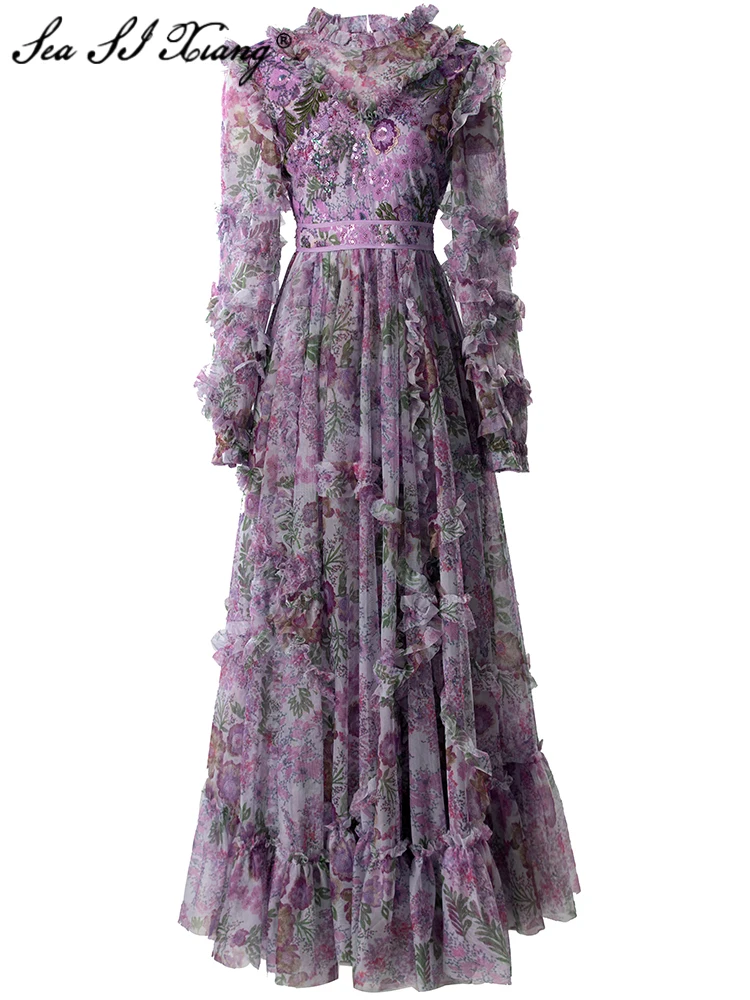 

Seasixiang Fashion Designer Summer Sequins Embroidery Long Dress Women's O-Neck Lantern Sleeve Ruffles Vintage Print Dresses