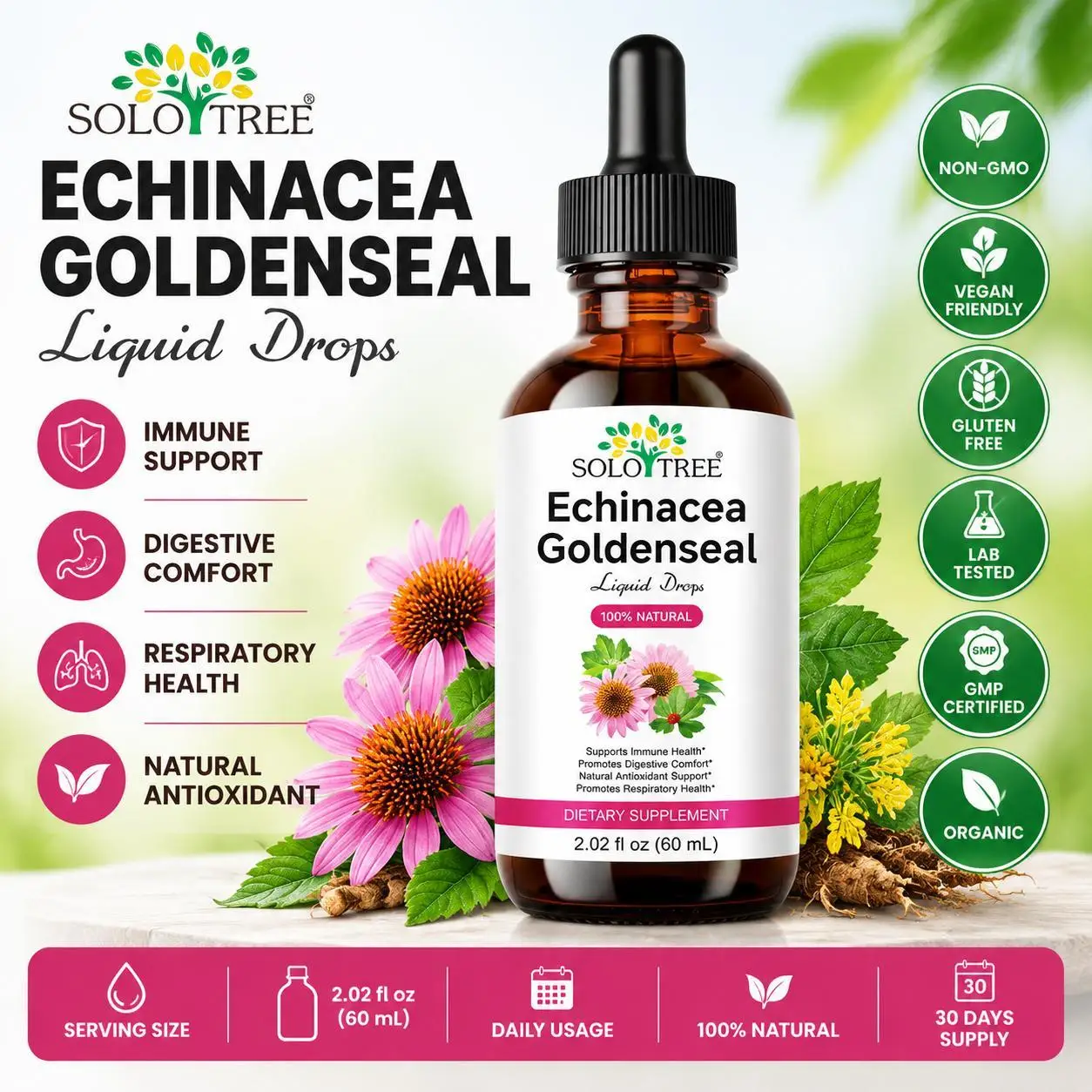 Echinacea Goldenseal Liquid Drops, Support Respiratory,Digestive Comfort,Immune ,Echinacea Root & Goldenseal Root Extract, 60ml