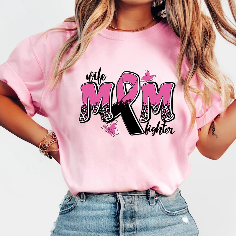 

New Breast Cancer Awareness Wife Mom Fighter Print T Shirt Women Men Short Sleeve Tops Tees Summer Fashion Loose Casual T-Shirt