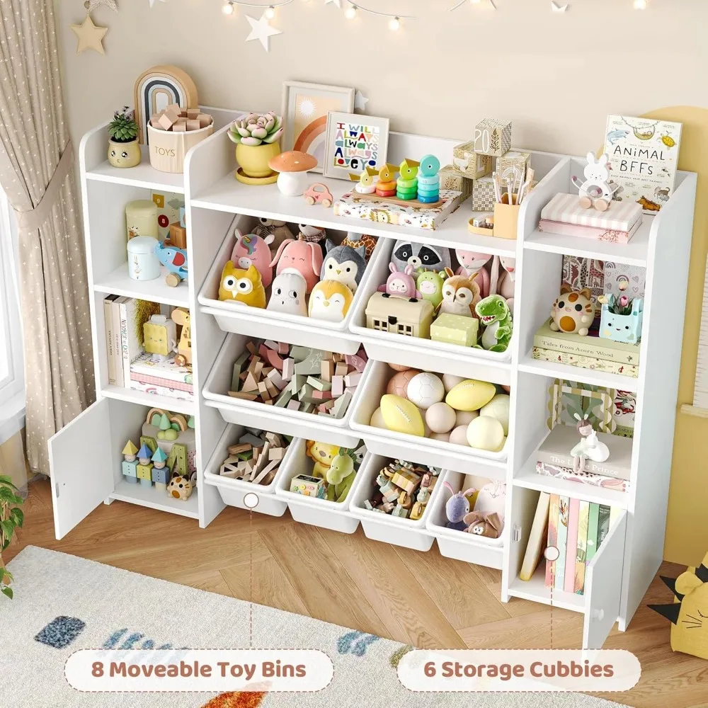 Large Toy Storage Organizer with 8 Bins and 6 Cubbies, 55 Inch Kids Bookshelf with Top Shelf for Playroom