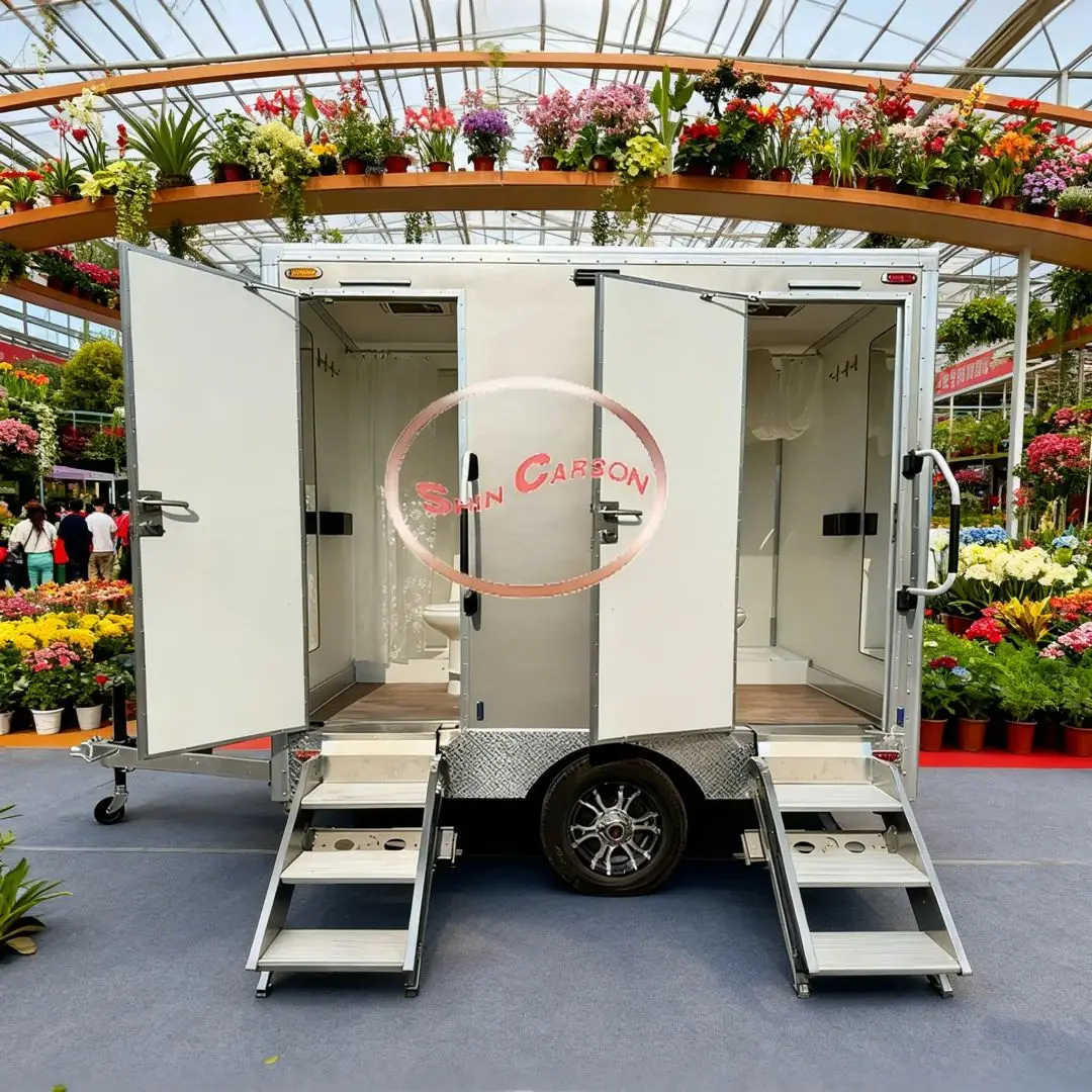 

Shin Carson Double Stall Mobile Restroom Trailer for Outdoor Events And Construction Sites with Toilet Shower Sink