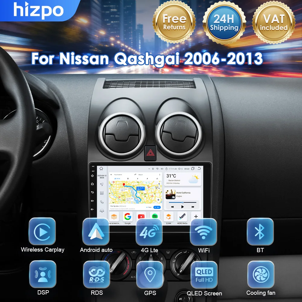 Autoradio Hizpo 8-Core Bluetooth per Nissan Qashqai J10 2006 - 2013 con CarPlay Wireless, Android Auto e GPS 360 ° Telecamera Panoramica RDS