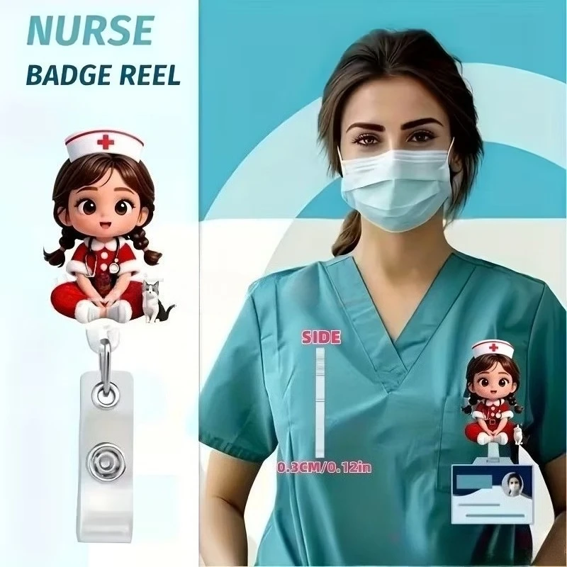1 قطعة 2D شقة الكرتون ممرضة شارة بكرة الاكريليك معرف العلامة العمل تصريح كليب الصدر جيب معرف اسم تمرير حامل بطاقة العمل شارة بكرات #4