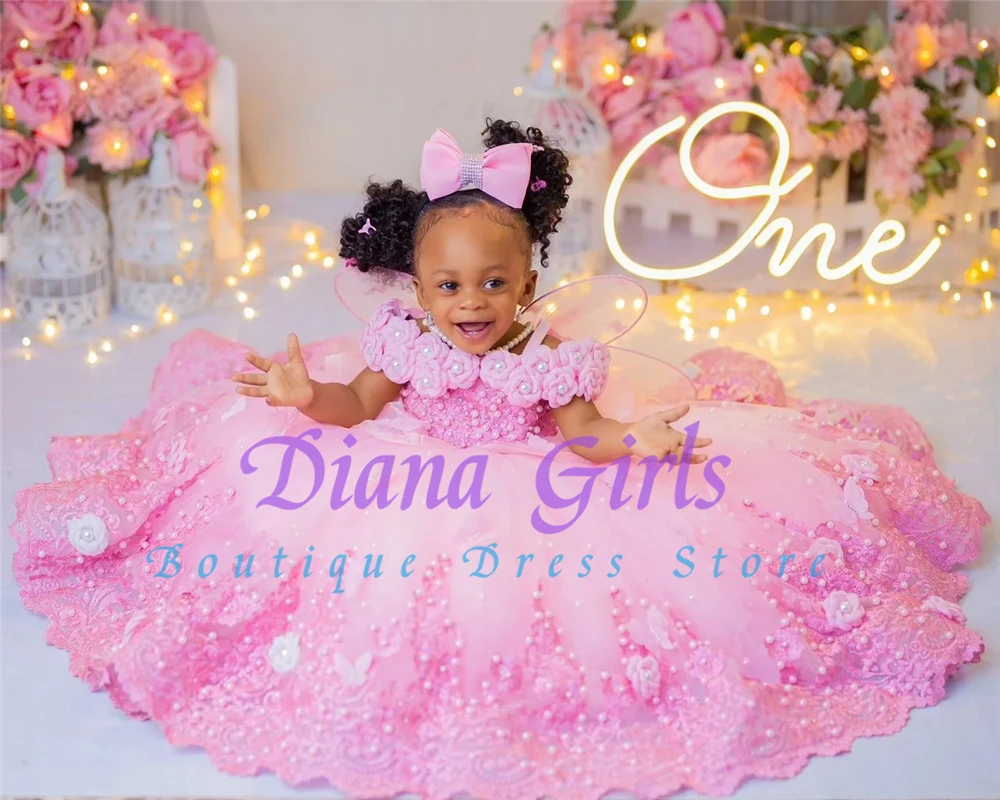Lovely Flower Girl Dresses Custom Baby Dress Birthday Party Off Shoulder Pearls Lace Butterflies Infant First Communion Gowns
