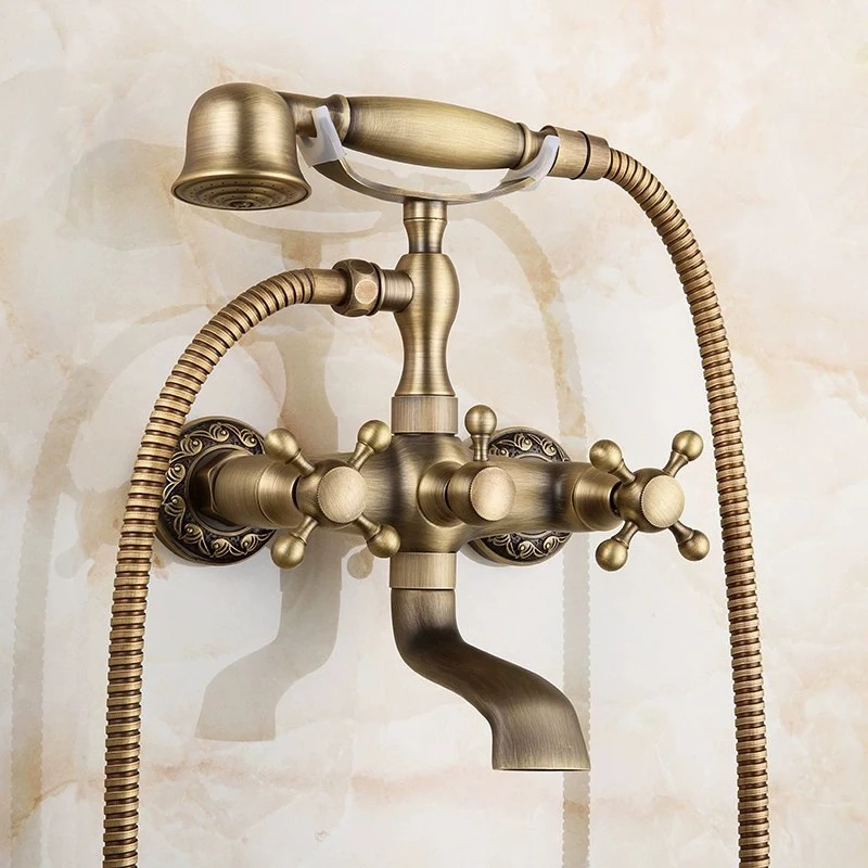 Shower Faucet Antique Brushed Bathroom Mixer Wall Mounted HandHeld Bath Shower Set Retro Bathtub Faucet