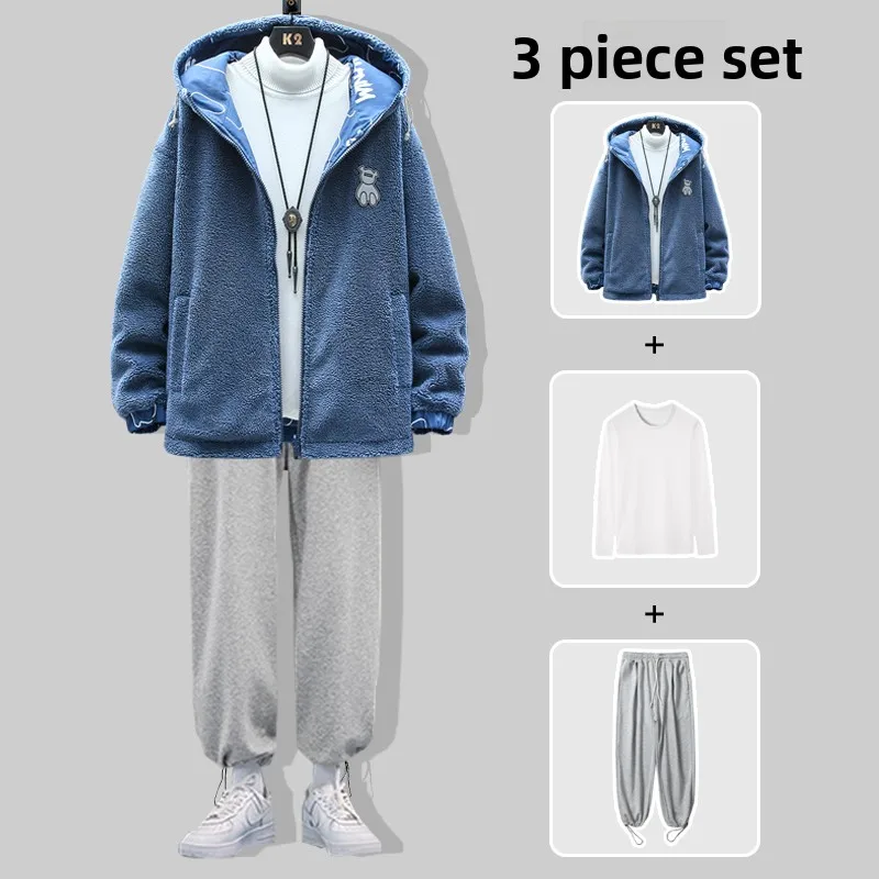 

Мужской комплект из двух предметов: двусторонняя хлопковая куртка и модное зимнее пальто из овечьей шерсти с флисовой подкладкой