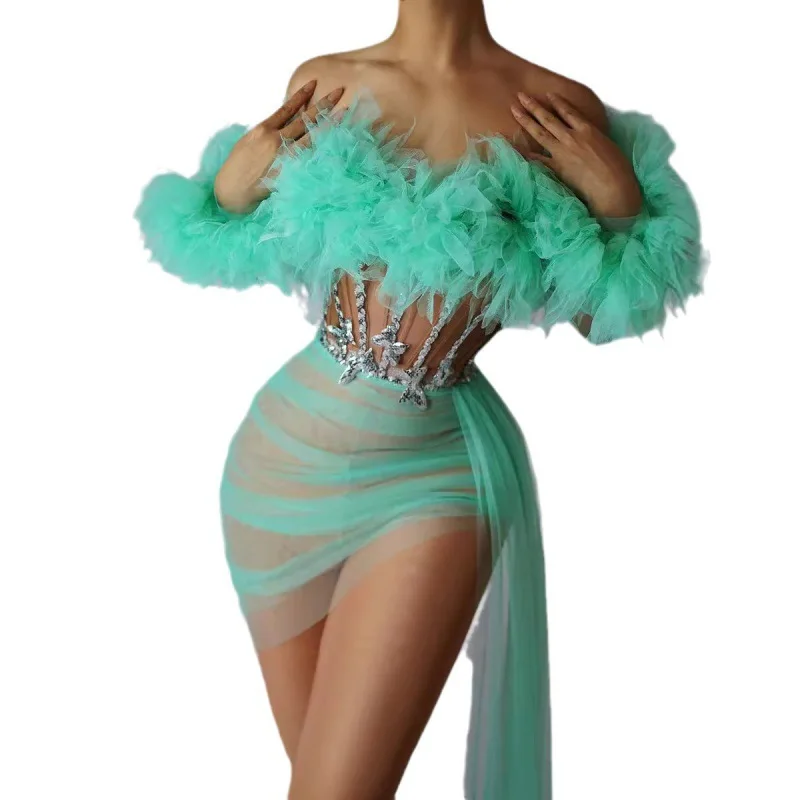 

Banquet Shoulder Mesh Waist Feather Sequins Skinny Design Dress Short Skirt Buttocks Women's Troupe Stage Performance Abendkleid