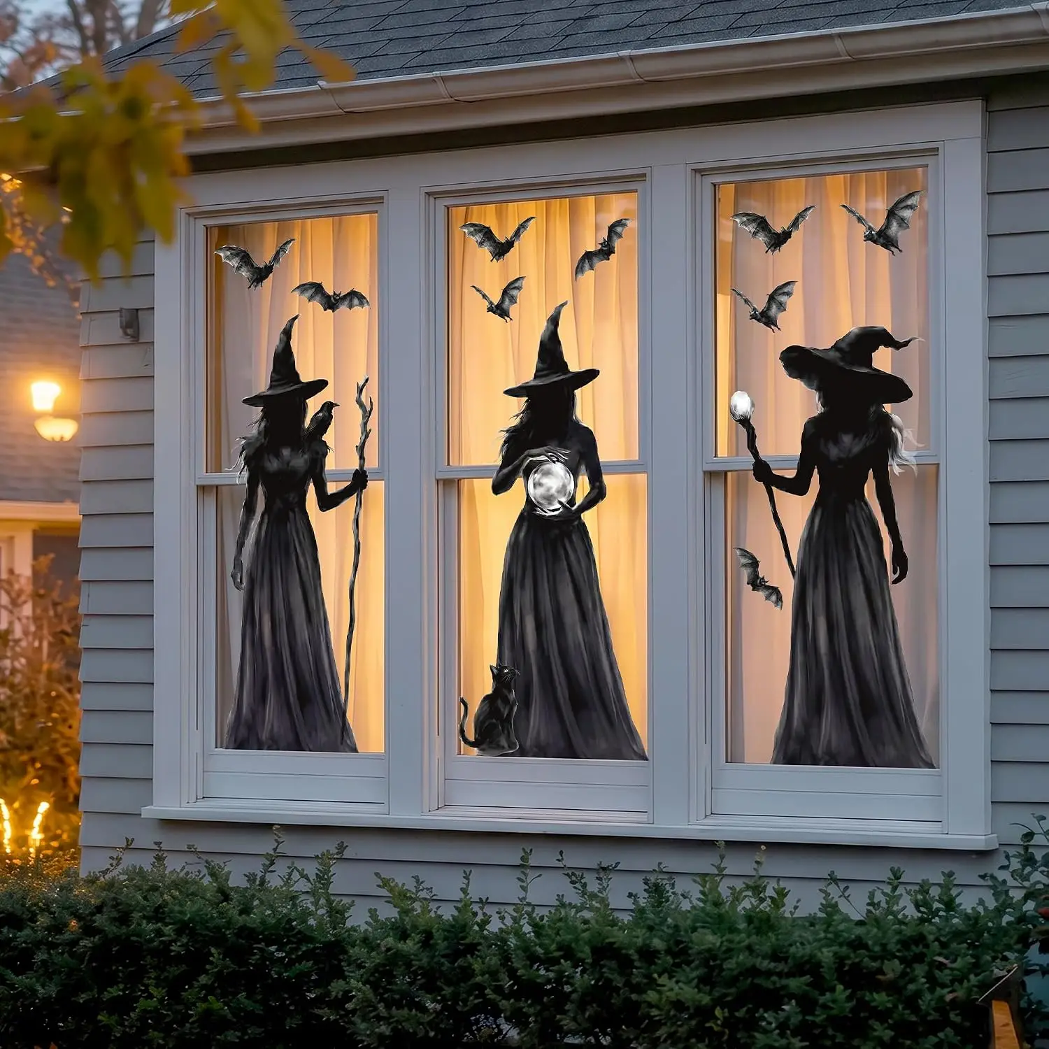 Halloween Window Decals (3-Pack): Large double-sided witch window stickers featuring witch, black cat, and bat designs. These de