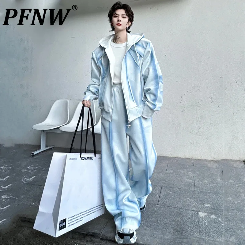 PFNW Contrast Color Men Suit Drawstring Hooded Men\'s Cardigan Sweatshirt Male Straight Wide Leg Pants Casual Spring New 9C4233