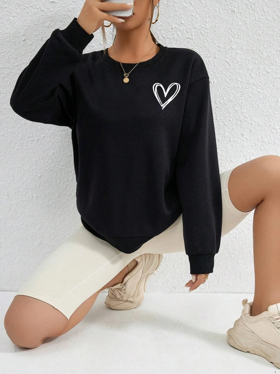 Simple Heart Pattern Printing Sweatshirts For Womens Casual Comfortable Crewneck Hoodies Loose Fleece Warm Sportswear Clothes