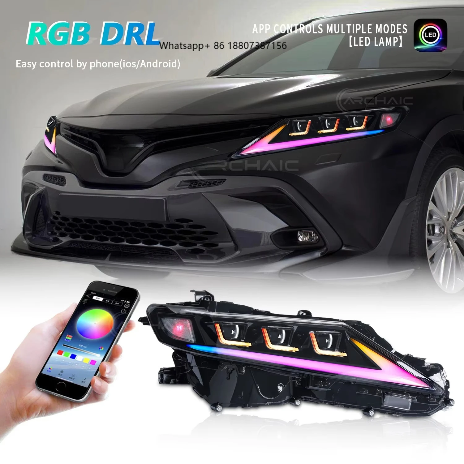 

Модифицированная светодиодная фара RGB Full LED для Toyota 2018-2023 LE/SE/XLE/XSE с последовательным сигналом поворота, 6000K, цветная передняя лампа