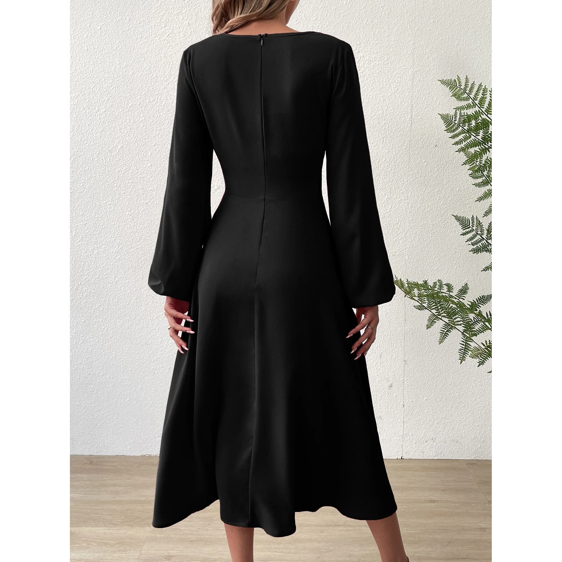 Ele V-ne Midi Dr 2024 خريف وشتاء عالي الخصر على شكل حرف a Sister Sle Long Sve Ele Dr للنساء