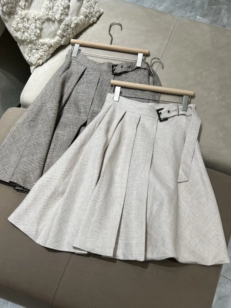 

Льняная женская мини-юбка в клетку с высокой талией, А-силуэт, плиссированная, модная, с поясом