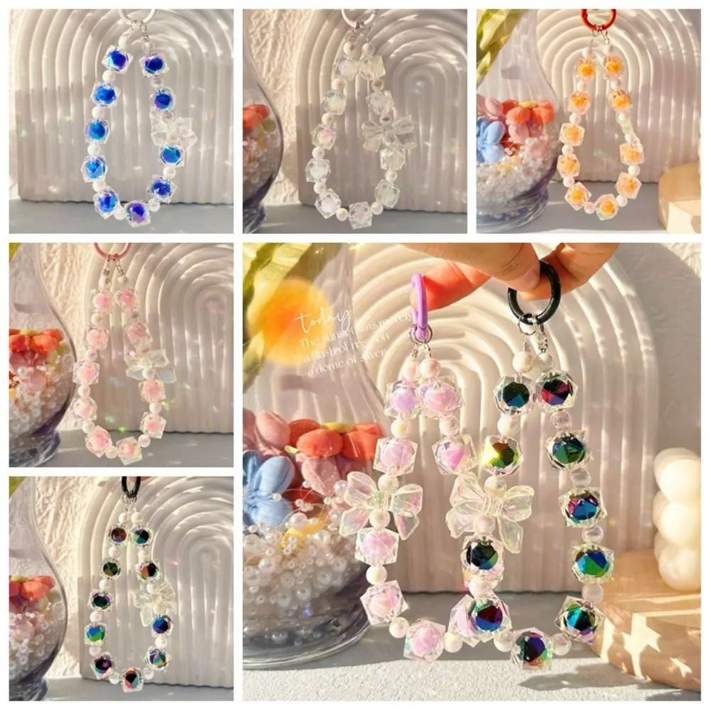 Plastic Diamond Beaded Mobile Phone Chain Anti Lost Phone Charm Diamond Bow Phone Pendant Y2K Aesthetic Jewelry