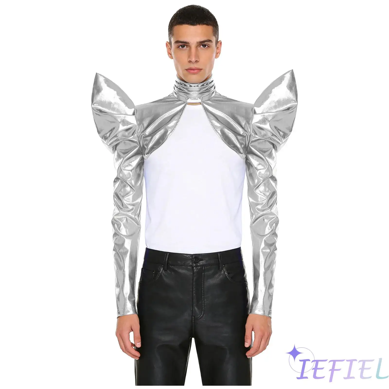 

Mens Halloween Costume Bolero Iridescent Metallic Shoulder Armor Long Sleeve Turtleneck Futuristic Shawl Disco Dance Top Costume