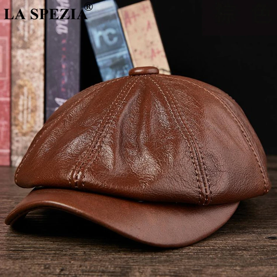 LA SPEZIA Black Newsboy Hats For Men Genuine Cowskin Leather Octagonal Cap Male Autumn Winter Fitted Vintage Duckbill Hats Beret