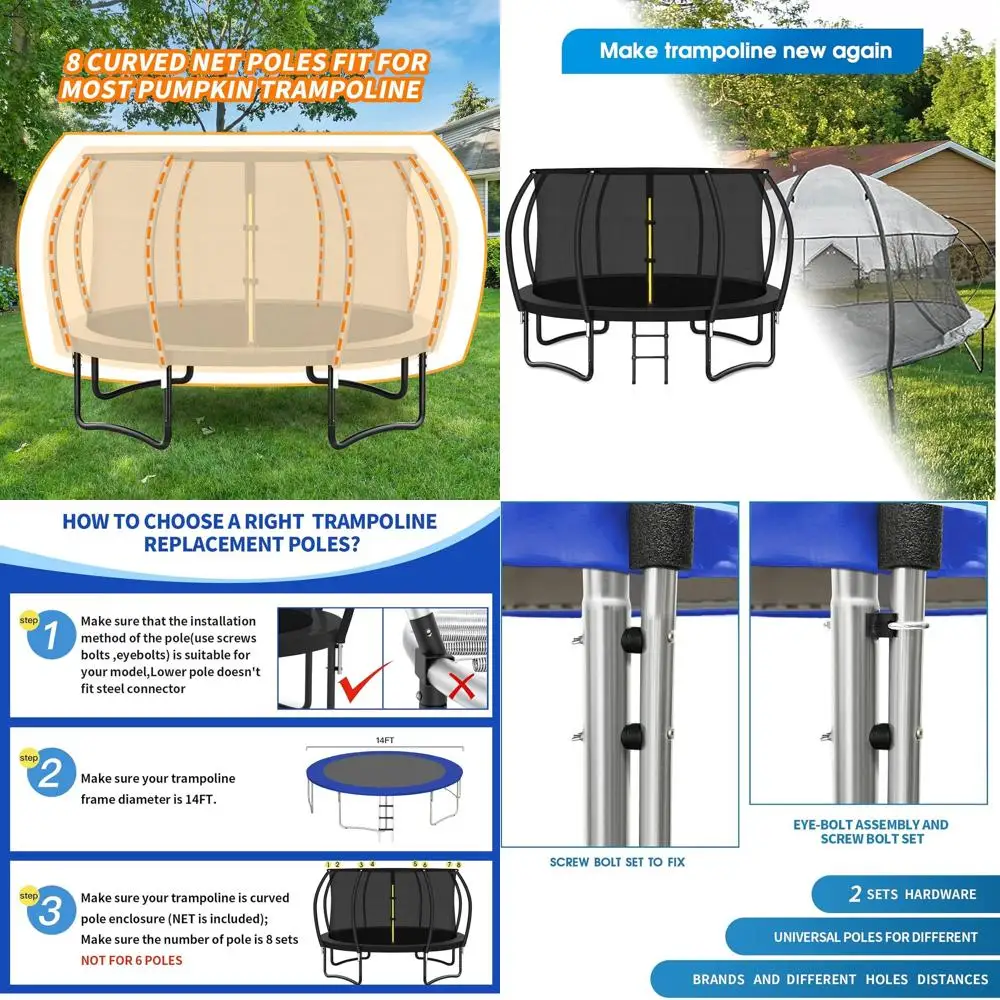 

14Ft 8 Pcs Trampoline Curved Poles Replacement with Enclosure Net, Trampoline Curved Pole, Plastic T Connector, Fiberglass Rods,