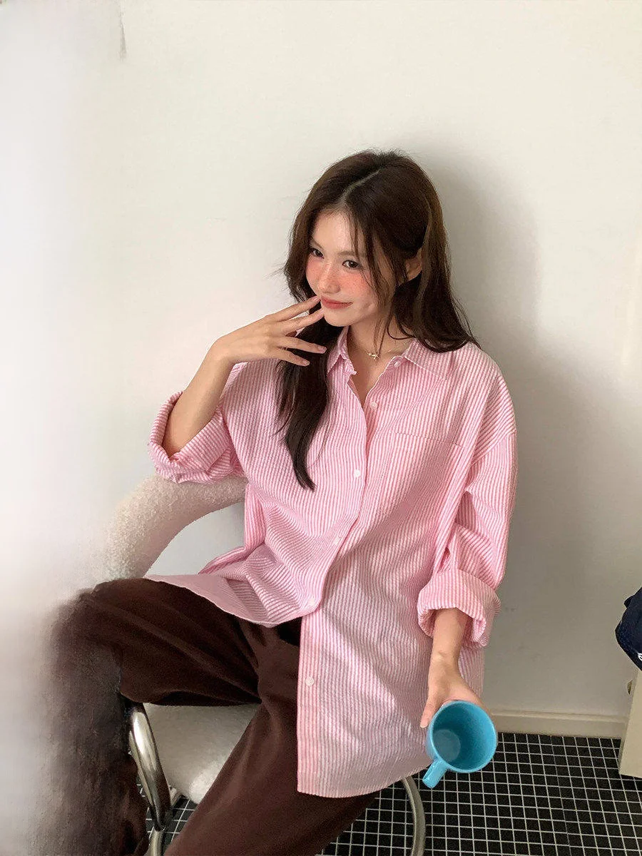 

COK Casual Striped Bubble Cotton Loose Women's irt Summer Breathable Comfortable Outerwear Ele Commute Sle Long Sve