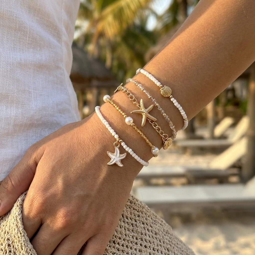 Boho Mehrschichtiges Perlen-Seestern-Armband-Set für Damen, Goldton, Muschel-Perlen, stapelbar, Sommer-Strand-Urlaubsschmuck