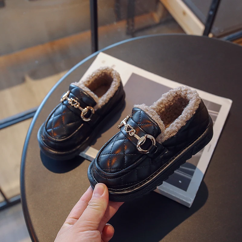 Winter Spring British Baby Girls Leather Shoes Children Soft Mary Janes Metal Kids Fashion Casual Solid Toddler Slip-on Loafers